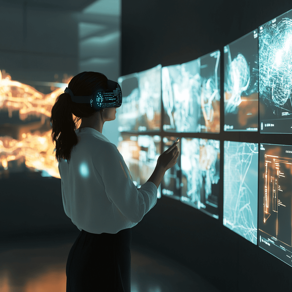 An artist wearing augmented reality (AR) glasses interacts with a 3D holographic portfolio displaying immersive technology projects like VR environments and 3D models. AI-generated suggestions and edits float around the holographic interface, blending digital creativity with AI-driven enhancements