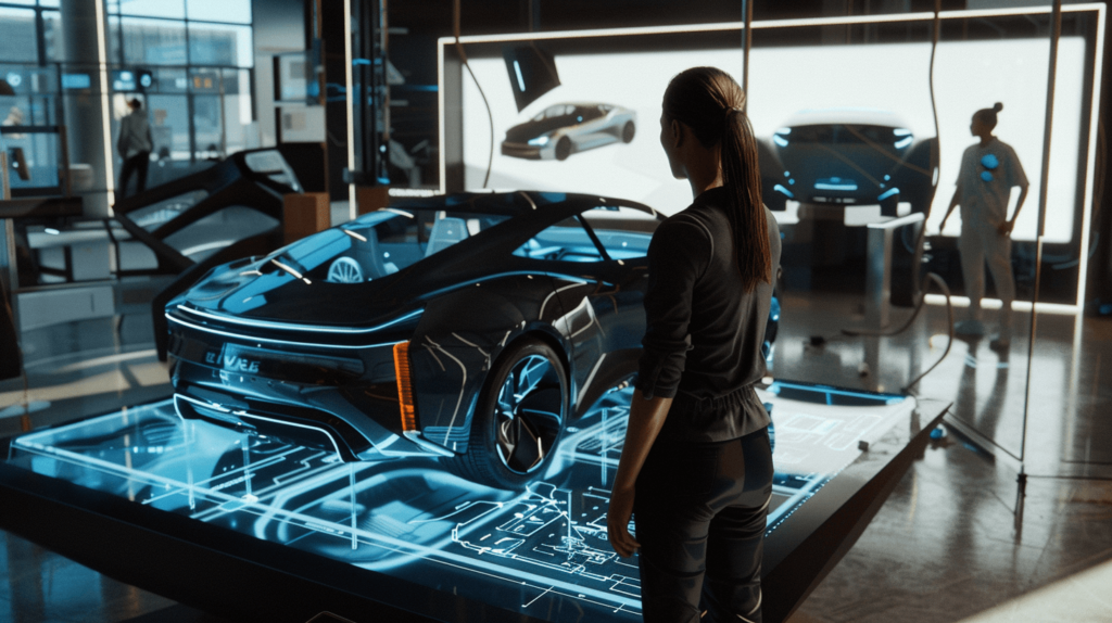 An ultra-realistic portrait of a 30-something individual in a virtual showroom, engaging with a 3D holographic car model. The individual has natural skin tones, subtle facial creases, and a relaxed demeanor, juxtaposed with a sleek futuristic augmented reality interface. The setting is a state-of-the-art laboratory featuring polished floors, warm natural lighting, and soft diffuse shadows. The holographic car model displays intricate details and casts realistic reflections, seamlessly blending with the high-tech environment to create a stunningly human and immersive scene.