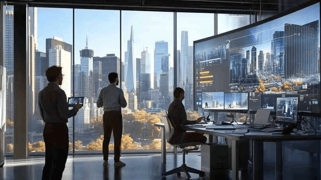 Photorealistic image of a futuristic workspace in New York during autumn, featuring diverse professionals collaborating in a virtual environment powered by AI. The scene includes holographic 3D models, a modern interior with floor-to-ceiling windows, and a cityscape with autumn foliage visible outside