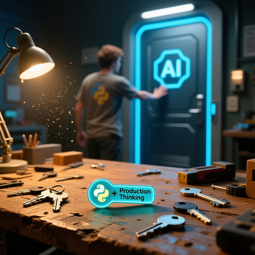 Photorealistic image of a futuristic AI door and brass key “Python + Production Thinking”, illustrating skills translation and upskilling for game developers transitioning from traditional game development roles to AI-driven production roles in studios.