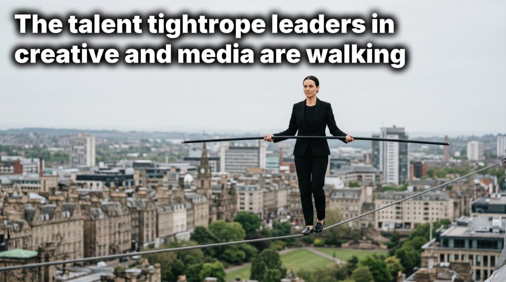 A senior creative and media industry leader walking a high tightrope above a city skyline, illustrating the talent pipeline balancing act as AI reshapes hiring