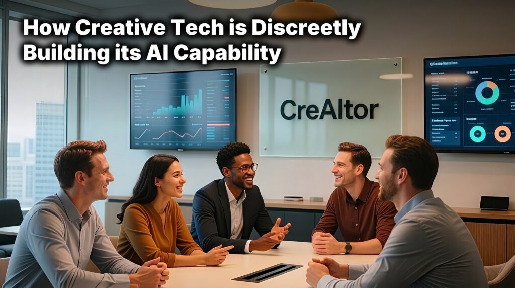Five creative tech professionals in a studio meeting, illustrating how creative tech companies discreetly build their AI capability through confidential hiring.