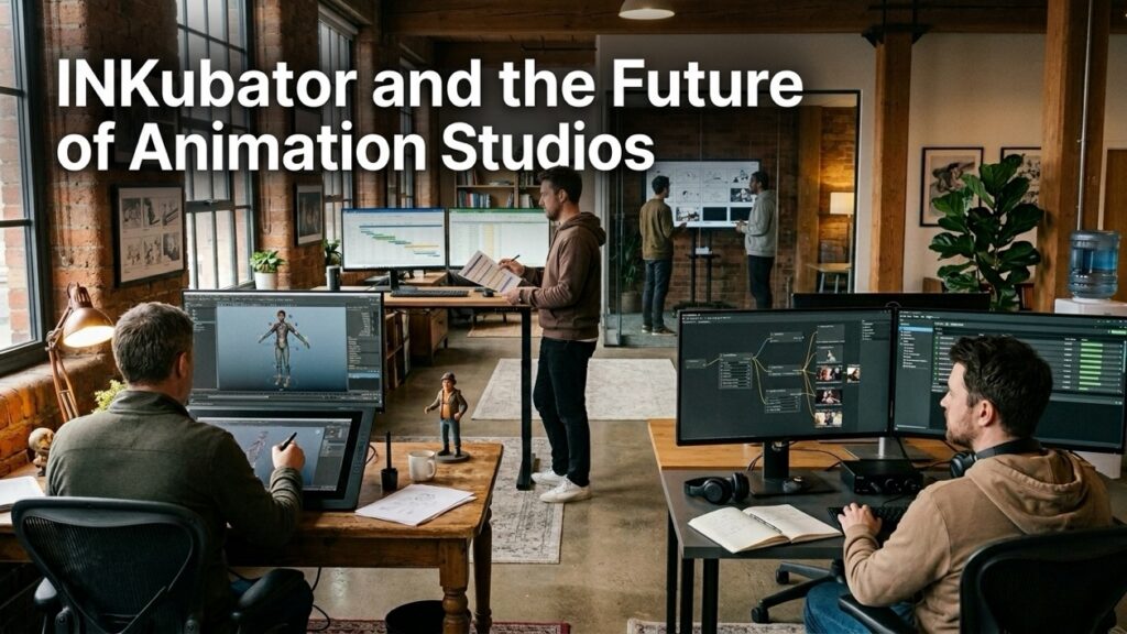 Paste these into each field: **Alternative Text** (under 125 chars, includes "INKubator"): ``` INKubator animation studio: animator, technical director, producer and leadership in a contemporary loft workspace ``` **Title:** ``` INKubator animation studio shape ``` **Caption:** (shown beneath image in post) ``` The senior layer of the animation studio is being redrawn. Animator, technical director, producer and leadership in one frame. ``` **Description:** (media library + SEO context) ``` Editorial photograph of a contemporary animation studio showing four roles in one frame: senior animator at a Wacom workstation, technical director running a node-based AI pipeline, producer reviewing schedule and budget, and leadership reviewing storyboards. Illustrates the new senior-layer shape behind the Netflix INKubator launch. ``` Once saved, set the same image as the post's Featured Image so it carries through to OG/Twitter card.